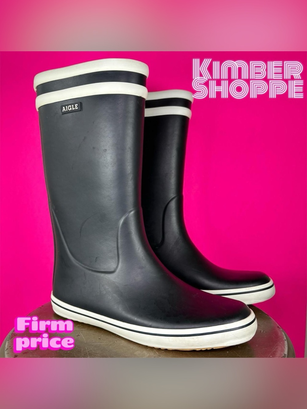 Aigle Malouine Marine Blue Double White Stripe Rain Boot EU 37 UK 4 US 5.5